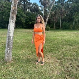 Orange Ruched Mini Skirt